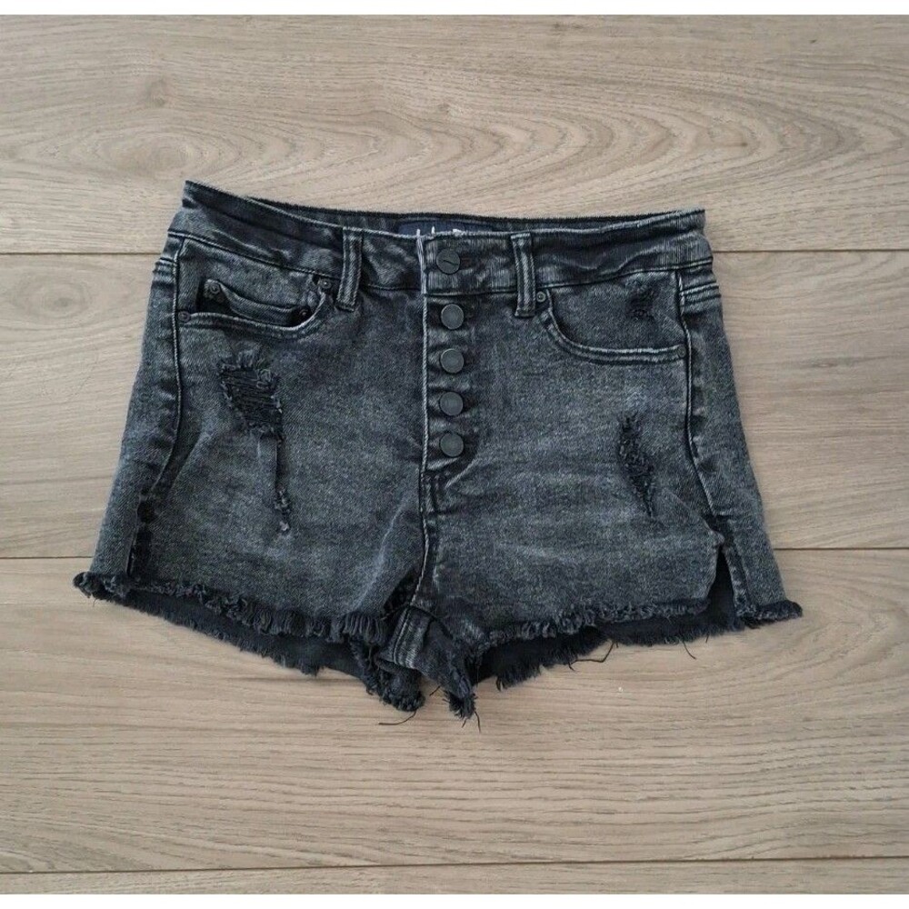 Indigo Rein Button Fly Cutoff Shorts Womens 7/27 Black High Waist Distressed